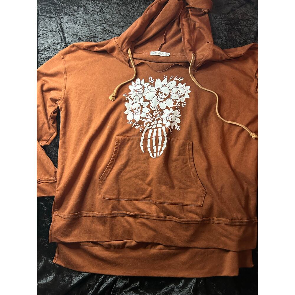 Misslook 3XL Chestnut Brown Lightweight Hoodie with Skull & Flowers Graphic